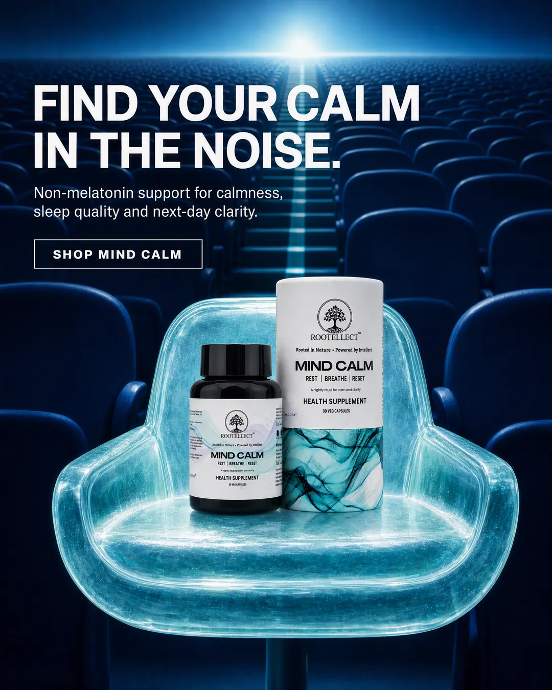 Rootellect Mind Calm — Find your calm in the noise. Non-melatonin support for calmness, sleep quality and next-day clarity.